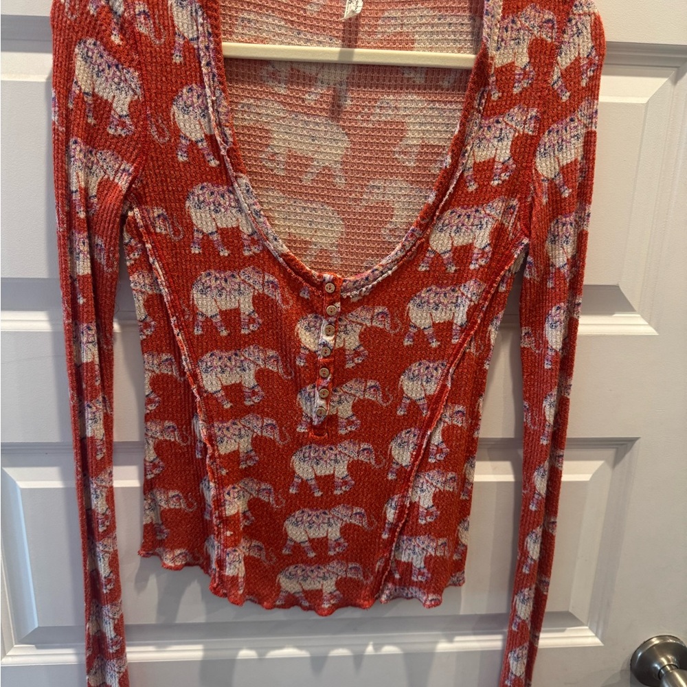 Free People Elephant Print Long Sleeve Top - Red and White